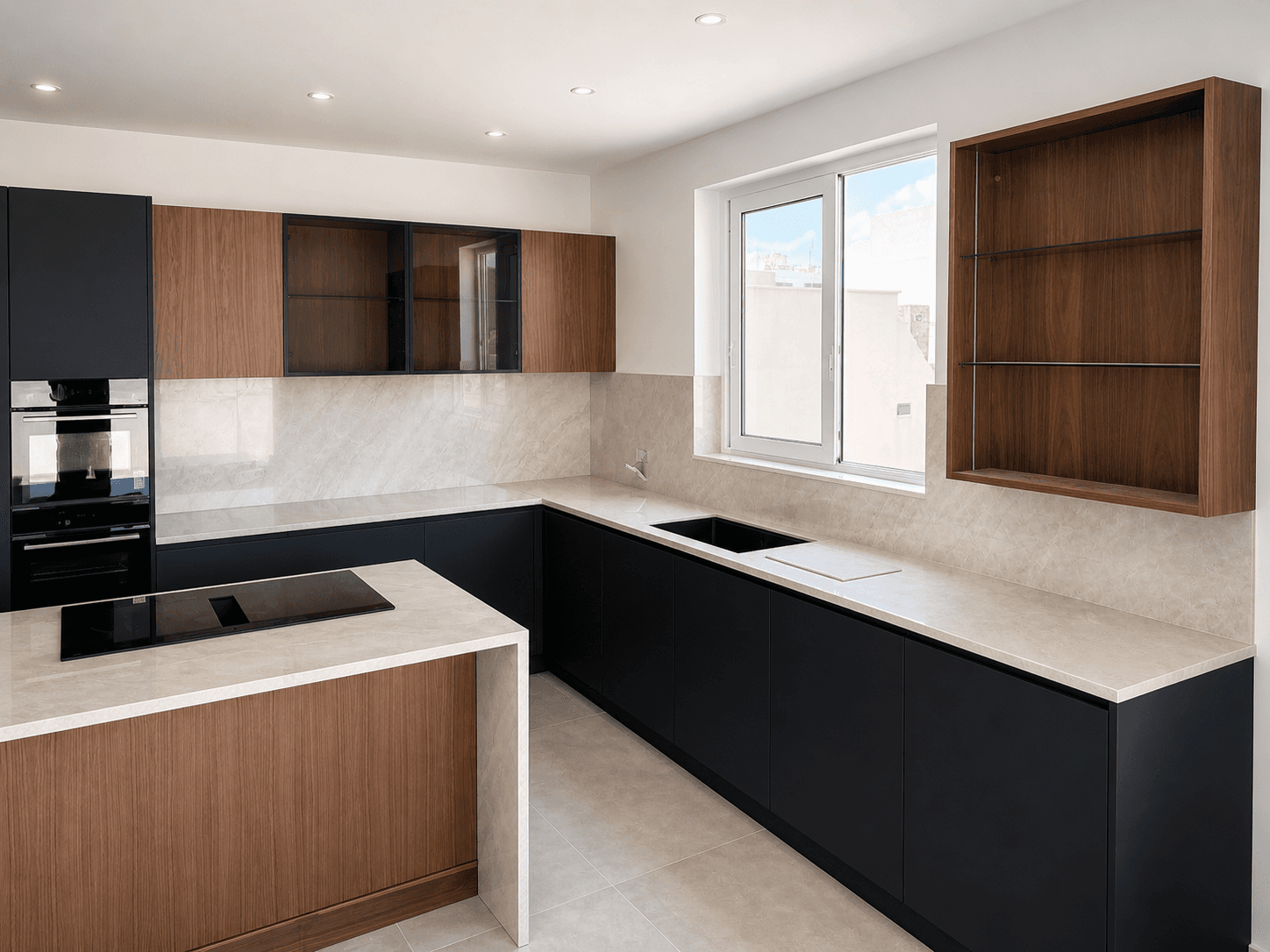 Isola cucina con top in ceramica effetto marmo